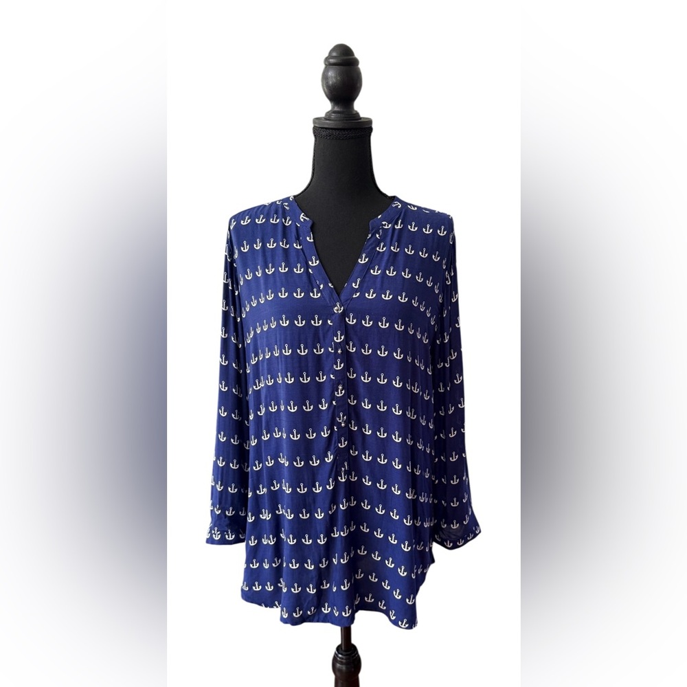 Grand & Greene: Navy Blue Anchor Print Women's Rayon Top